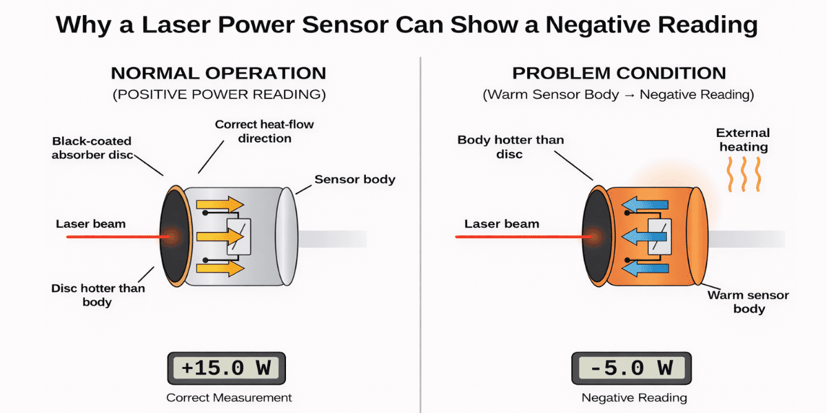 Diagram showing how a warm laser power sensor body can create reverse heat flow and produce a negative reading in a thermal power sensor.