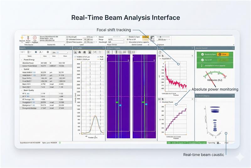BeamWatch AM-3 beam profiling software interface showing real-time laser beam analysis for additive manufacturing