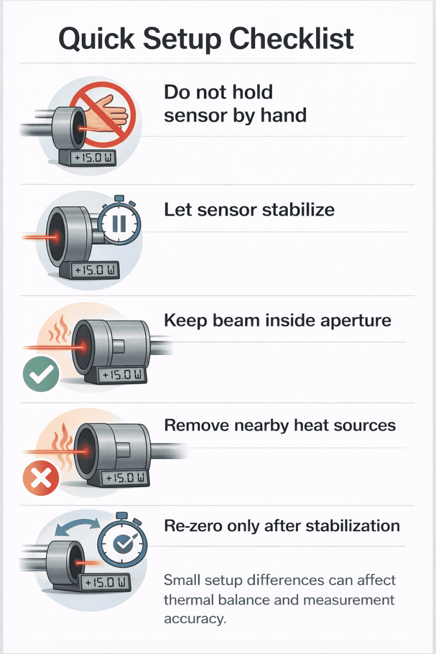 Checklist for preventing negative readings on a laser power sensor, including stabilization, alignment, and avoiding external heat.