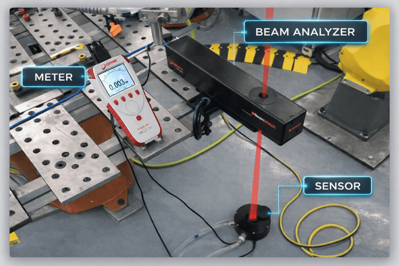 BeamWatch and handheld laser power meter used in an industrial measurement setup