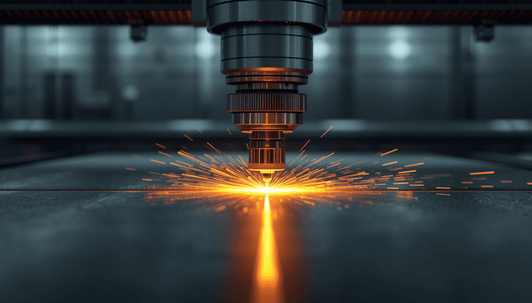 High-power industrial laser focused on a metal surface during processing
