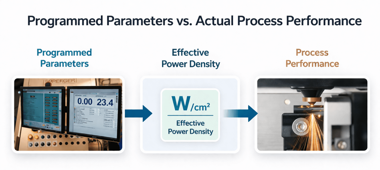 Diagram comparing programmed laser parameters, effective power density, and actual process performance