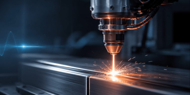 High-power industrial laser beam cutting a metal plate in a manufacturing environment.