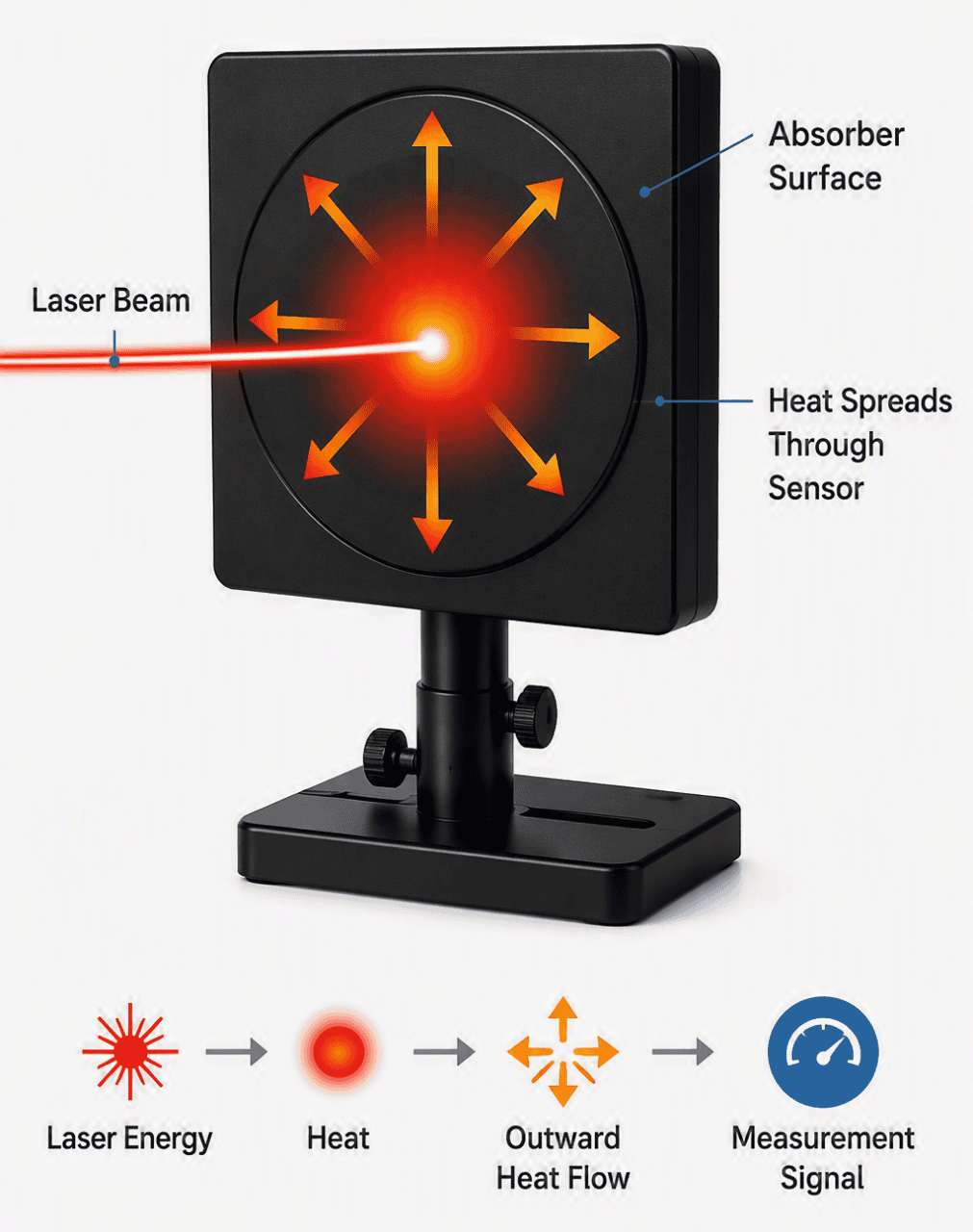 Thermal laser power sensor converting absorbed laser energy into heat for thermopile measurement.
